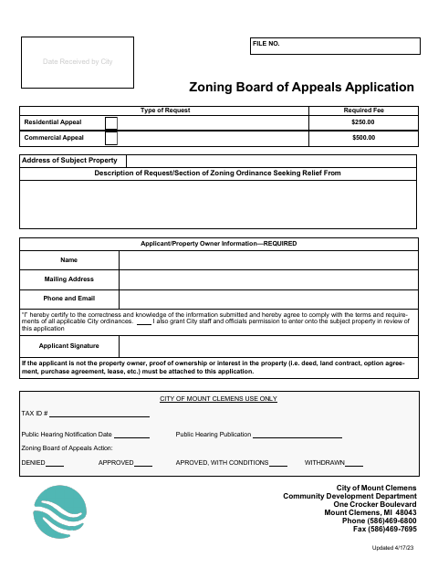 First page of the Zoning Board of Appeals Application