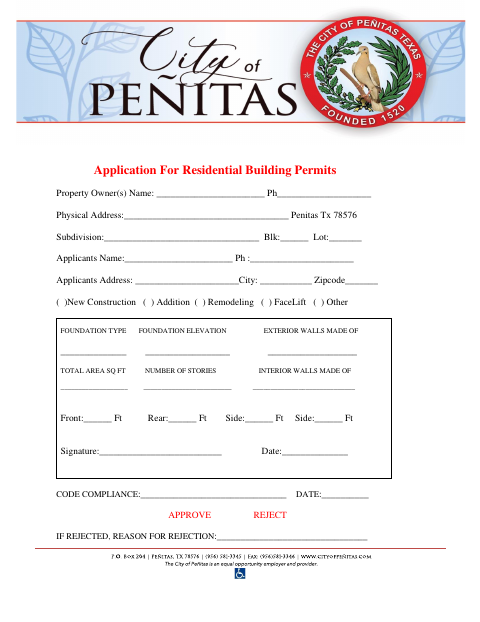 First page of the Residential Building Permit Application