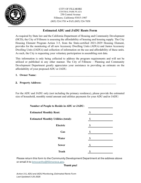 First page of the Estimated ADU and JADU Rents