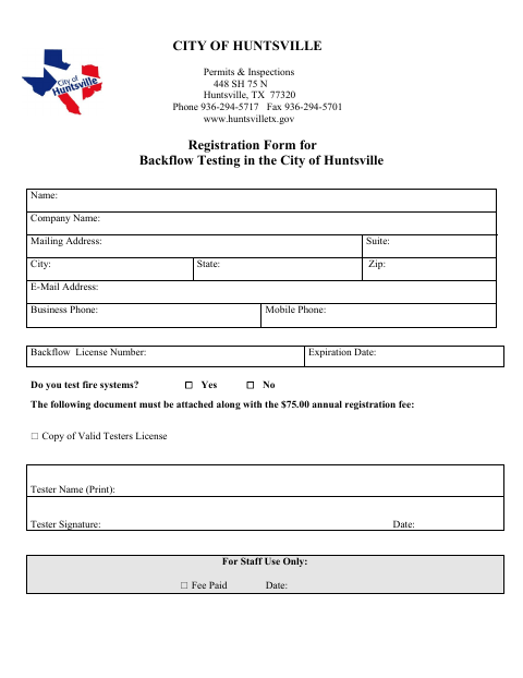 First page of the Registration Form for Backflow Testing