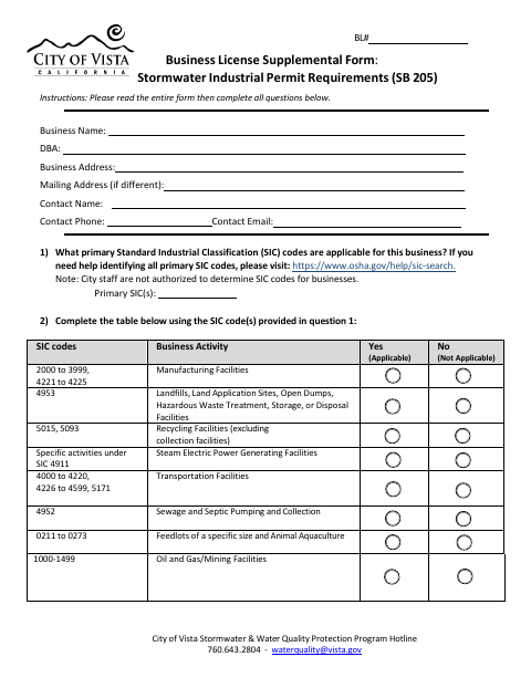 First page of the Business License Supplemental Form: Stormwater Industrial Permit Requirements (SB 205)