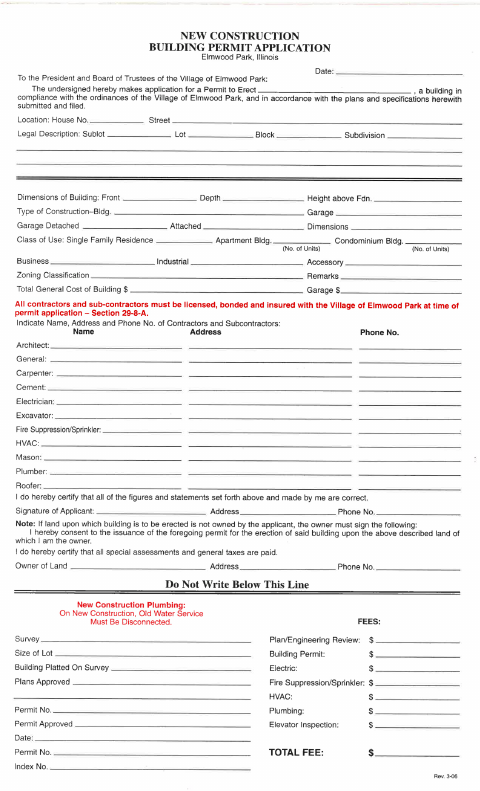 First page of the New Construction Building Permit Application