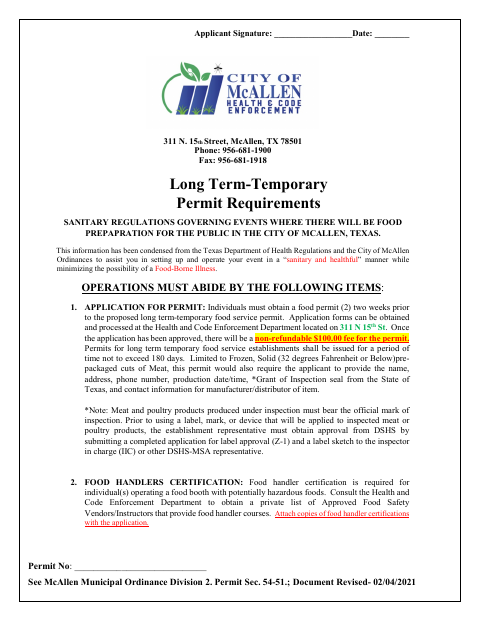 First page of the Application for Long Term Temporary Food Event Permit