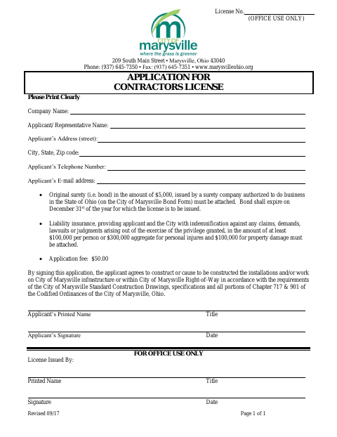 First page of the Application for Contractors License