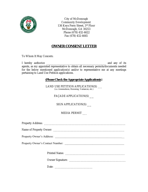 First page of the Owner Consent Form