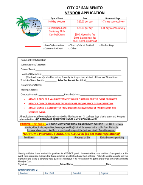 First page of the Vendor Application (Holiday/Special Event)
