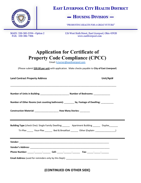 First page of the Application for Certificate of Property Code Compliance (Land Contract)