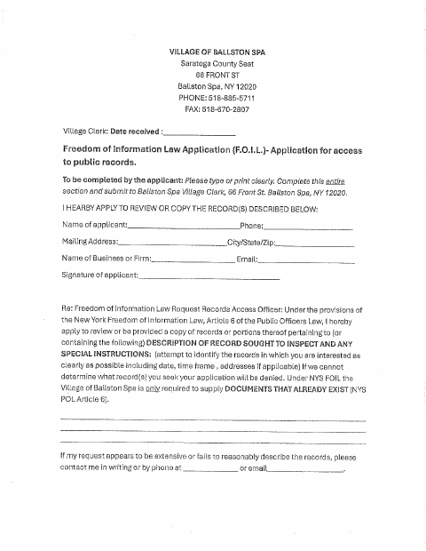 First page of the Freedom of Information Law Application