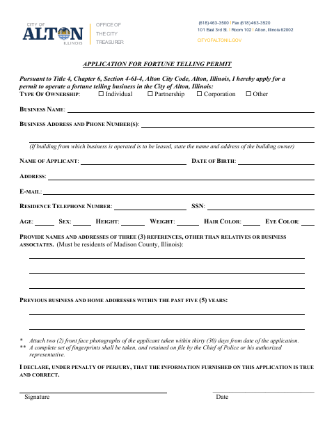 First page of the Application for Fortune Telling Permit