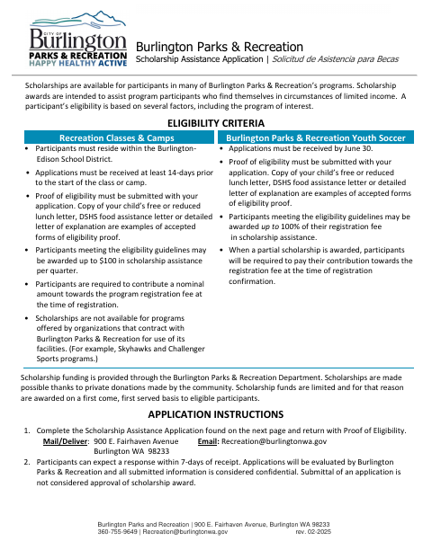 First page of the Parks & Recreation Scholarship Assistance Application