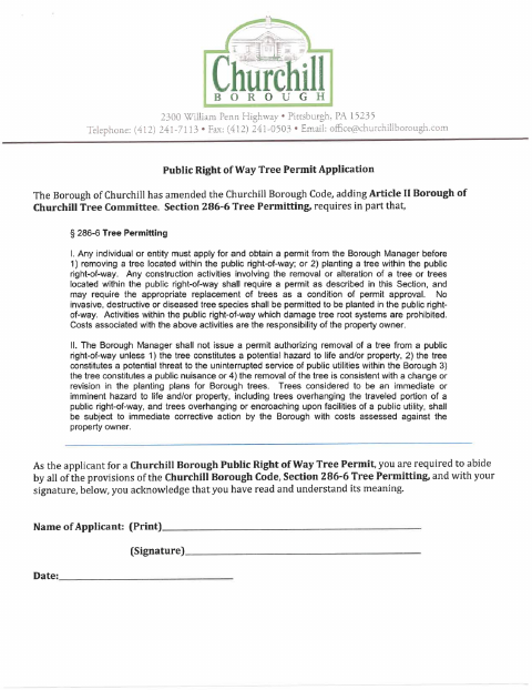 First page of the Public Right of Way Tree Permit Application