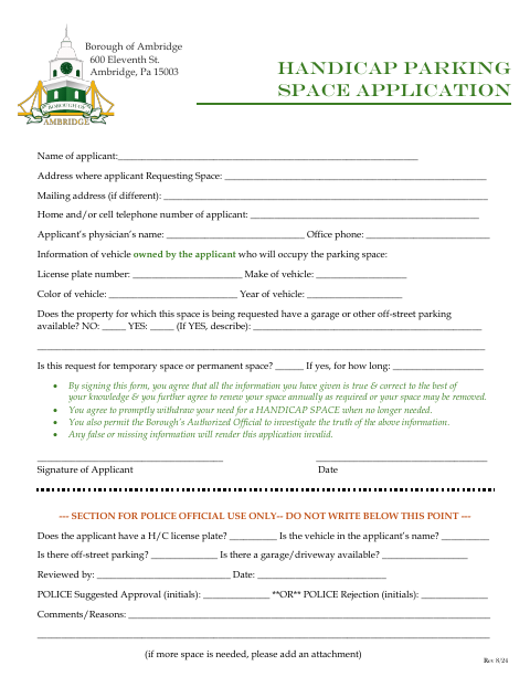 First page of the Handicap Parking Space Application (New)