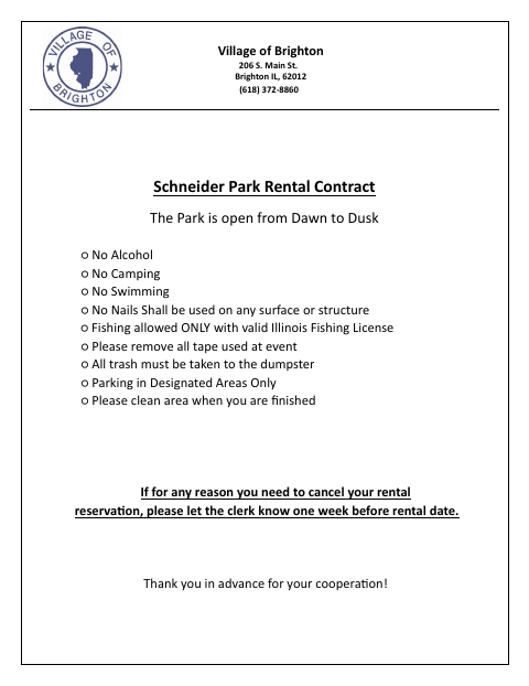 First page of the Schneider Park Rental Contract