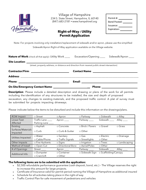 First page of the Right-of-Way / Utility Permit Application