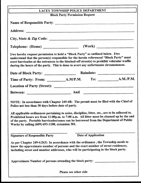 First page of the Block Party Permission Request