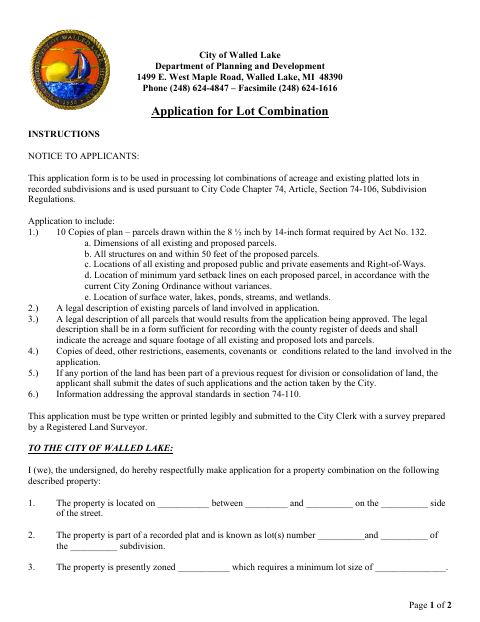 First page of the Application for Lot Combination