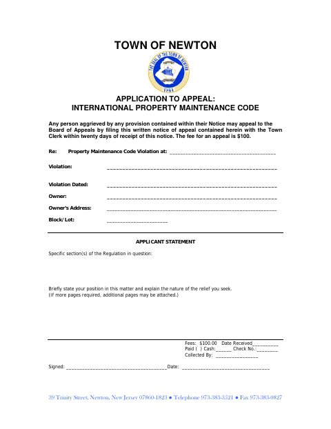 First page of the Application to Appeal: International Property Maintenance Code