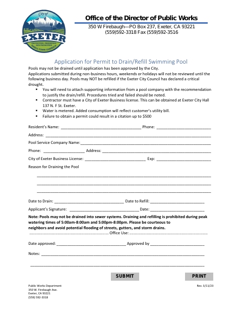First page of the Application for Permit to Drain/Refill Swimming Pool