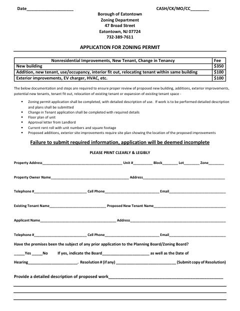 First page of the Application for Zoning Permit
