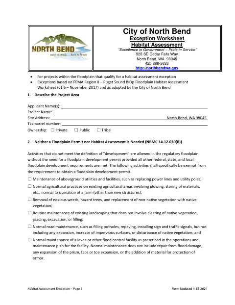 First page of the Habitat Assessment Exception Worksheet