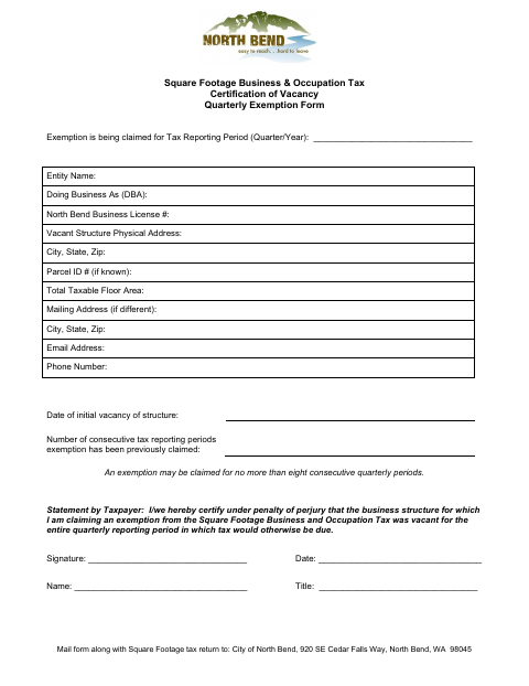 First page of the Square Footage Business & Occupation Tax Certification of Vacancy Quarterly Exemption Form