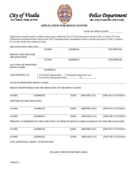 First page of the Application for Bingo License