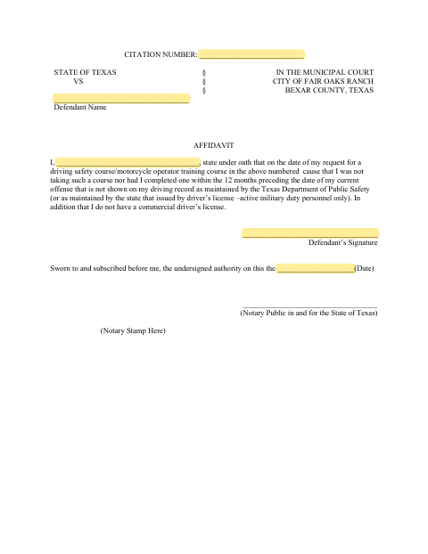 First page of the Driving Safety Course Affidavit
