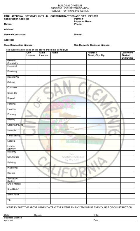First page of the Business License Verification Request for Final Inspection