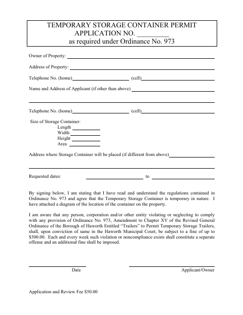 First page of the Temporary Storage Container Permit Application