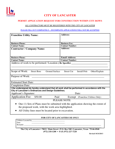 First page of the Permit Application Request for Construction Within City ROWs