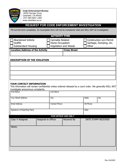 First page of the Request for Code Enforcement Investigation