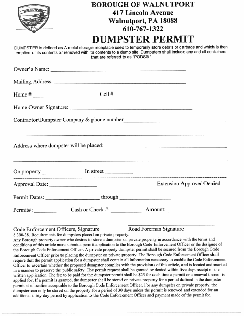 First page of the Dumpster Permit Application