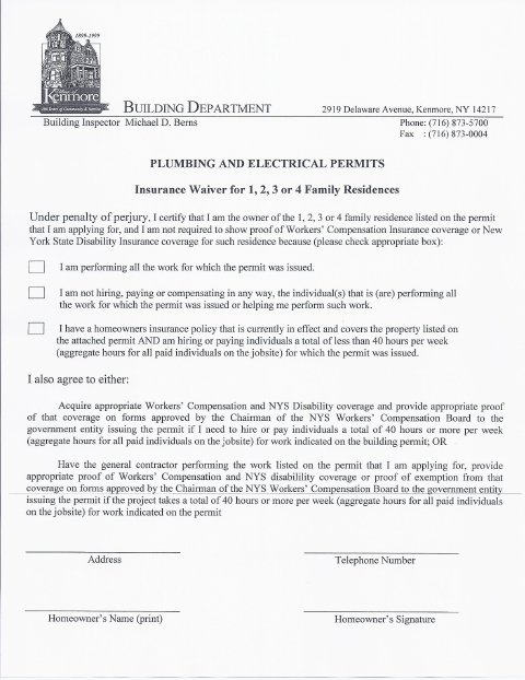First page of the Homeowner's Waiver – Electric & Plumbing