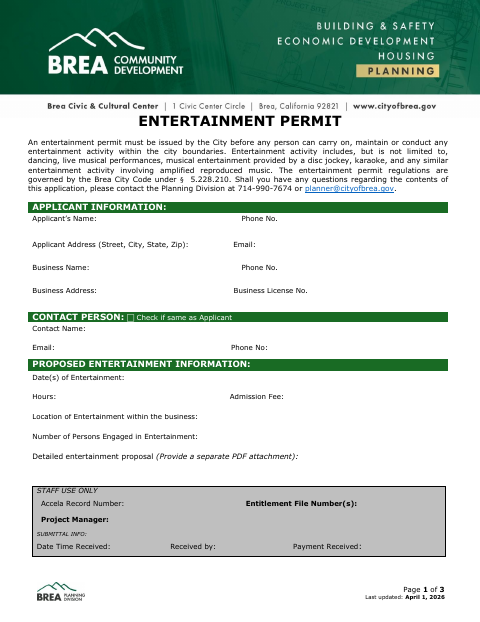 First page of the Entertainment Permit
