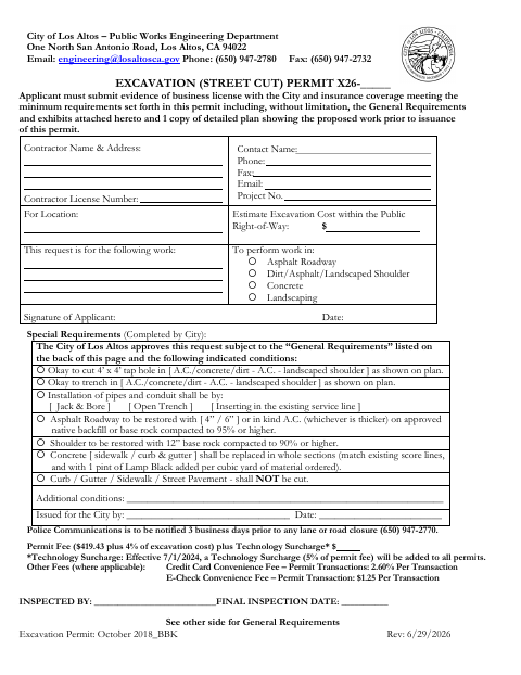 First page of the Excavation (Street Cut) Permit