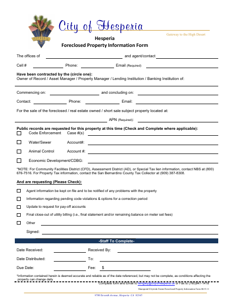 First page of the Foreclosed Property Information Form