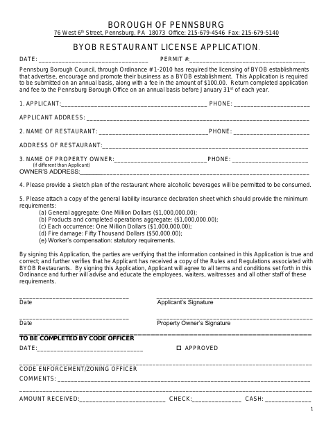 First page of the BYOB Restaurant License Application