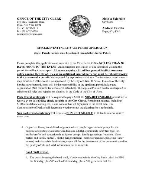 First page of the Special Event Facility Use Permit Application