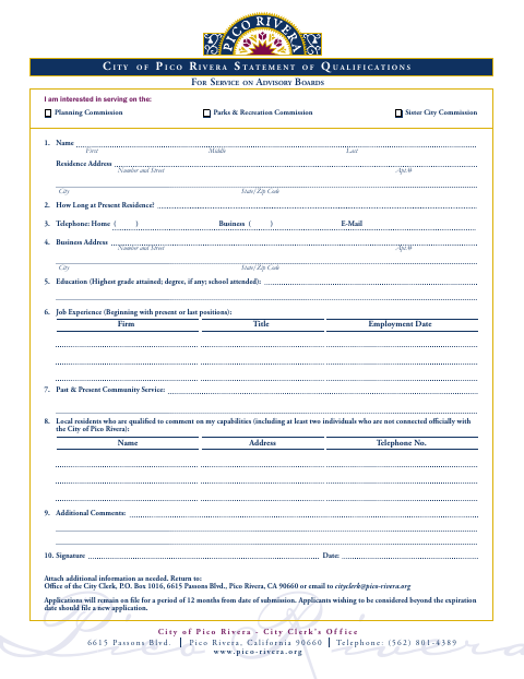 First page of the Statement of Qualifications for City Planning Commission