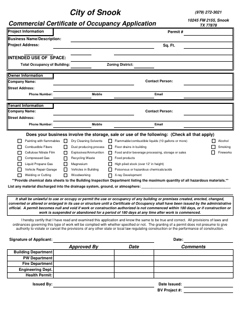 First page of the Commercial Certificate of Occupancy Application