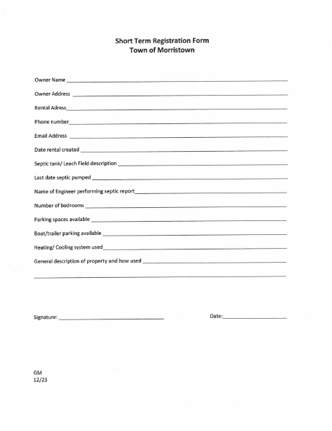 First page of the Short Term Registration Form