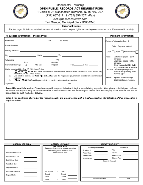 First page of the Open Public Records Act Request Form
