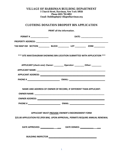 First page of the Clothing Donation Drop Off Bin Application