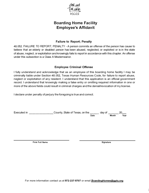 First page of the Boarding Home Facility Employee's Affidavit
