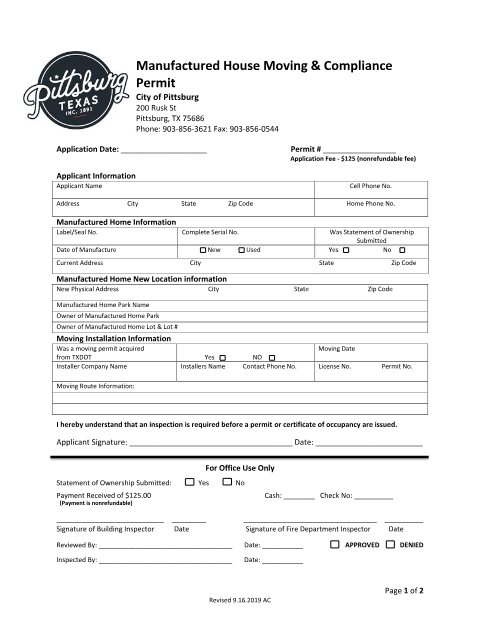 First page of the Manufactured House Moving and Compliance Permit Application