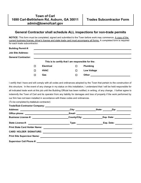First page of the Trades Subcontractor Form