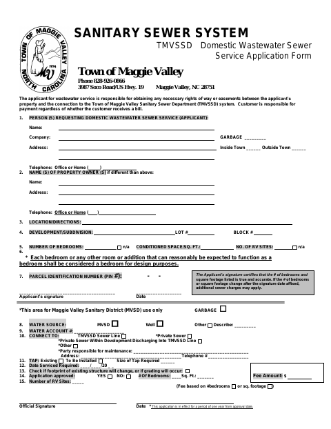 First page of the Domestic Wastewater Sewer Service Application Form