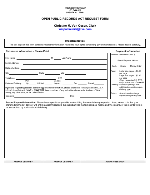 First page of the Open Public Records Act Request Form
