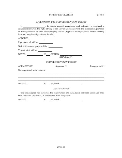 First page of the Culvert/Driveway Permit Application