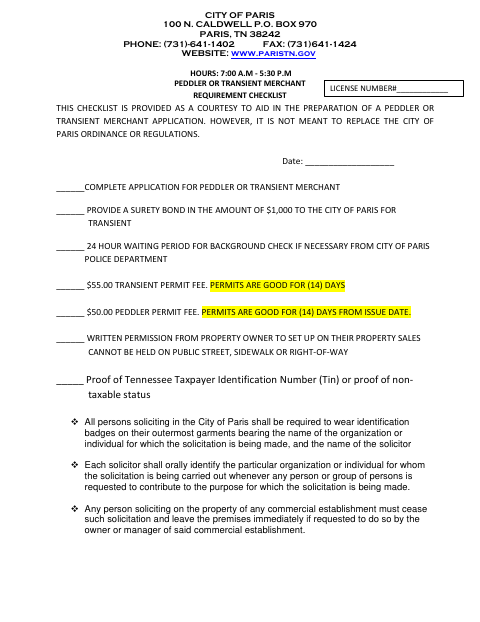 First page of the Peddler and Transient Vendor Permit Application